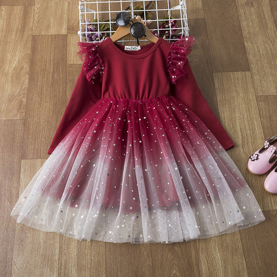 Gradient Starry Sky Mesh Long-Sleeved Princess Dress