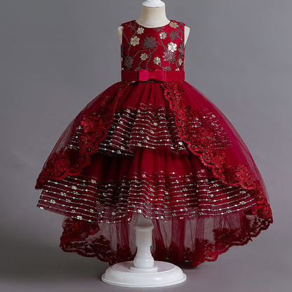 Girls Dress Embroidered Sequin Flower Trailing